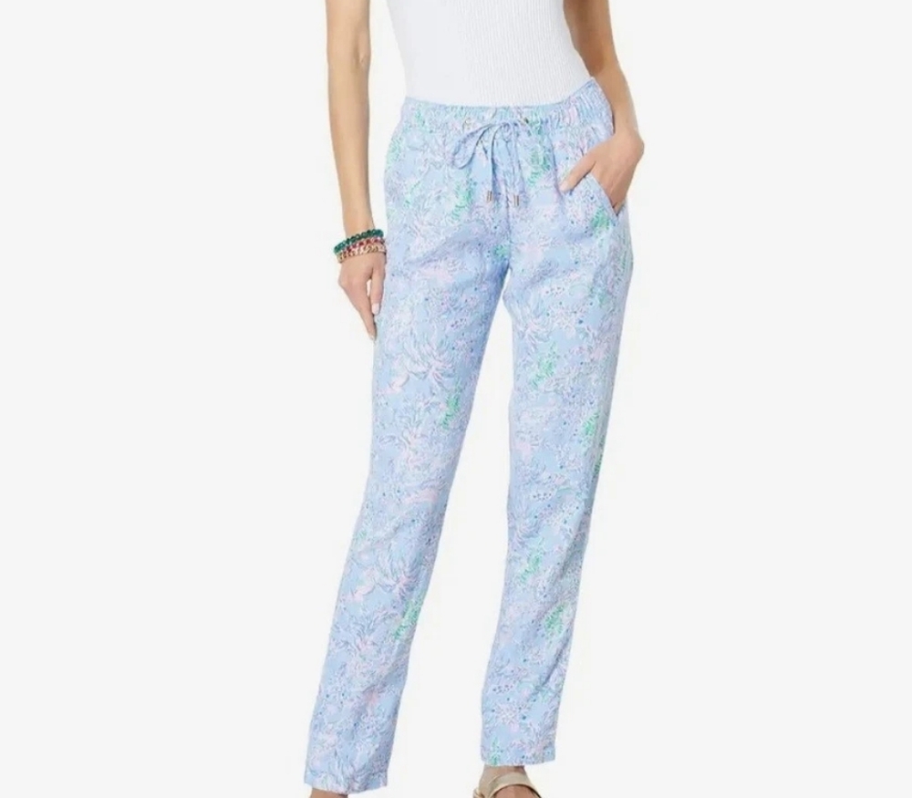 Lilly Pulitzer 100% Linen Floral Trouser Blue Peri Turtle Package Pants - Picture 6 of 12